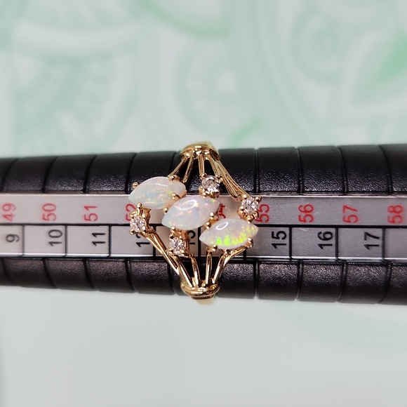 14k Yellow Gold Vintage Opal and Diamond Ring - Picture 2 of 5